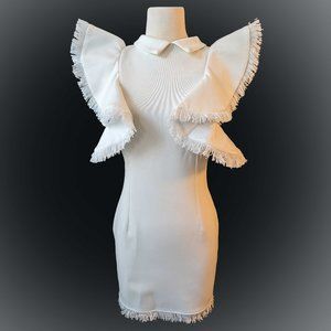 ZCRAVE White Tassel Trim Ruffle Sleeve Mini Bodycon Dress - Size S